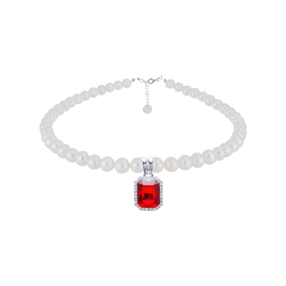 Necklace CT Zirconia and Pearls w/ Ruby in RED "Custom SET Xavi"